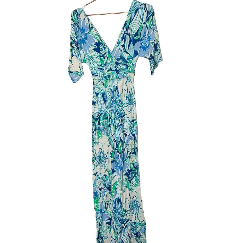 LILY PULITZER Women's Parigi Blue Teal Party Theme Tropical Maxi Dress Size XS - Picture 3 of 12